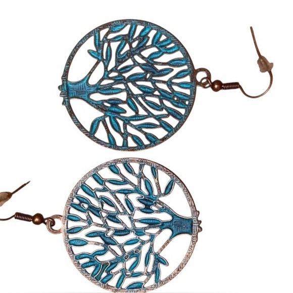 FOLK ART INSPIRED EARRINGS Tree of Life Copper Turquoise Colored Round Design - Picture 3 of 5